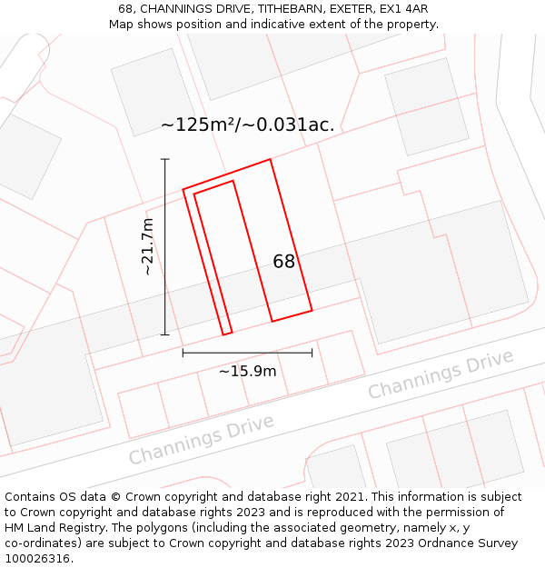 68, CHANNINGS DRIVE, TITHEBARN, EXETER, EX1 4AR: Plot and title map
