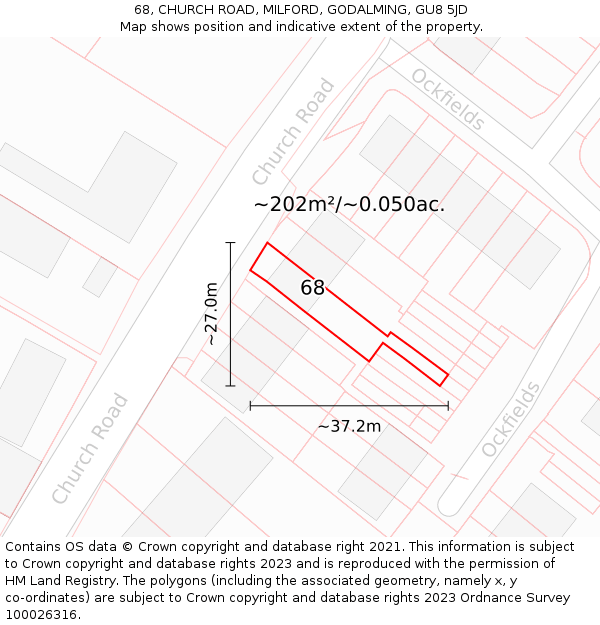 68, CHURCH ROAD, MILFORD, GODALMING, GU8 5JD: Plot and title map