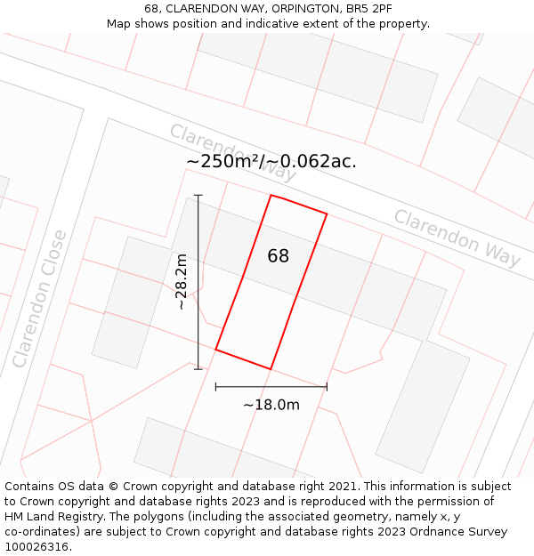 68, CLARENDON WAY, ORPINGTON, BR5 2PF: Plot and title map
