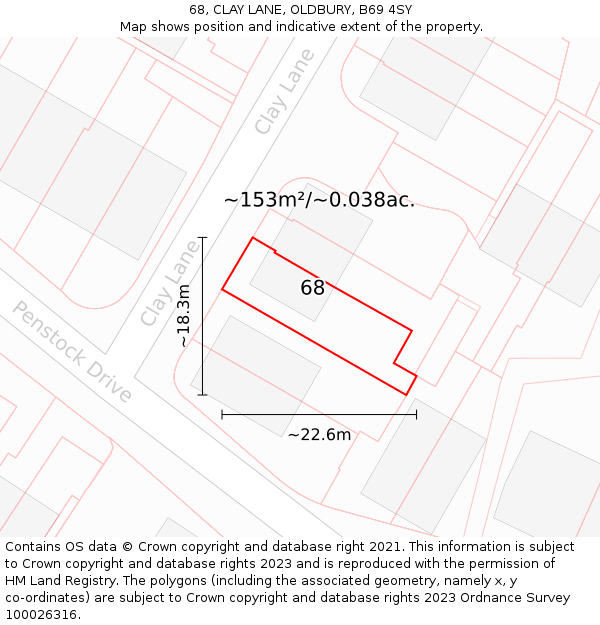 68, CLAY LANE, OLDBURY, B69 4SY: Plot and title map