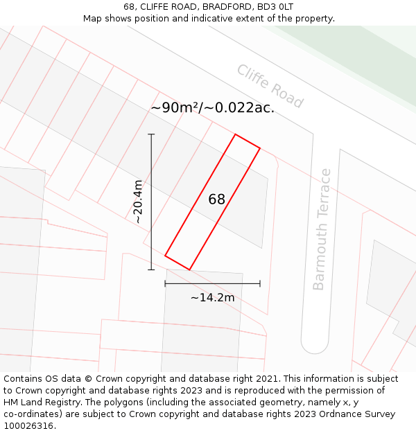 68, CLIFFE ROAD, BRADFORD, BD3 0LT: Plot and title map