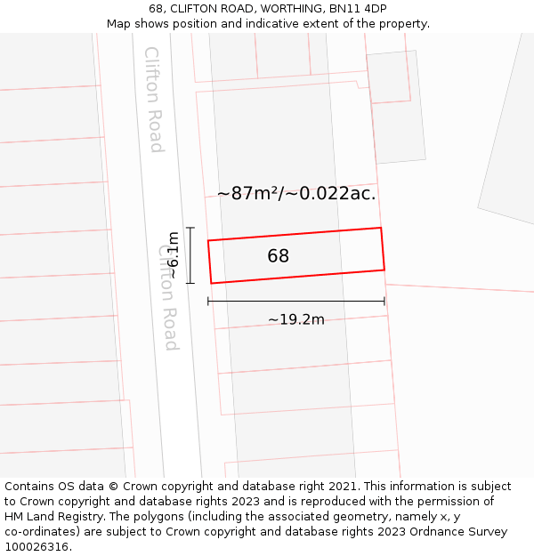 68, CLIFTON ROAD, WORTHING, BN11 4DP: Plot and title map