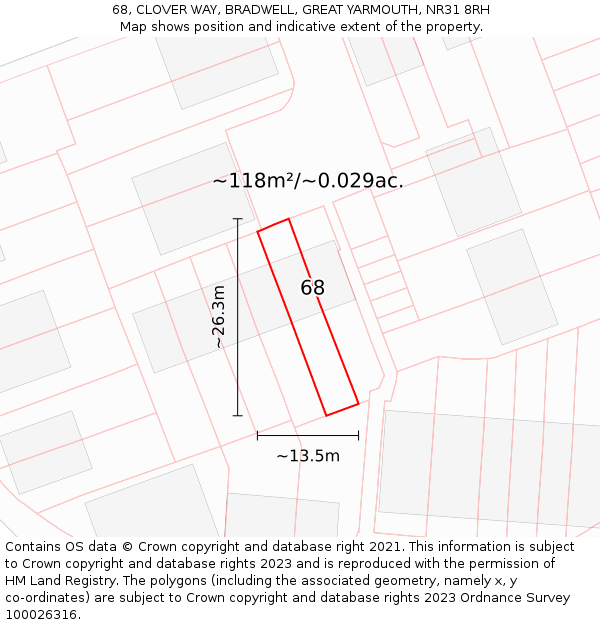 68, CLOVER WAY, BRADWELL, GREAT YARMOUTH, NR31 8RH: Plot and title map