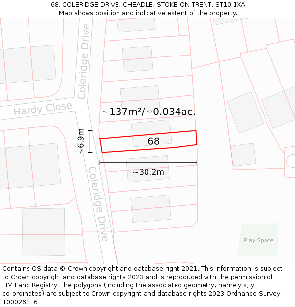 68, COLERIDGE DRIVE, CHEADLE, STOKE-ON-TRENT, ST10 1XA: Plot and title map