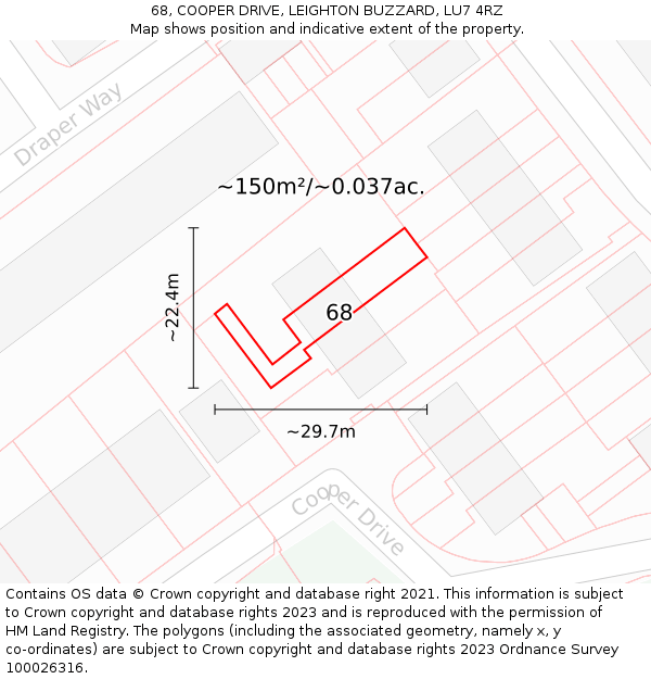 68, COOPER DRIVE, LEIGHTON BUZZARD, LU7 4RZ: Plot and title map