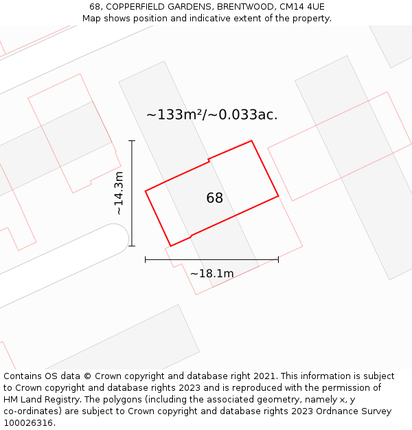 68, COPPERFIELD GARDENS, BRENTWOOD, CM14 4UE: Plot and title map