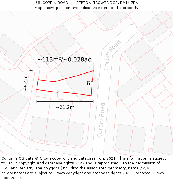 68, CORBIN ROAD, HILPERTON, TROWBRIDGE, BA14 7FN: Plot and title map
