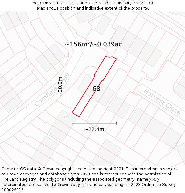 68, CORNFIELD CLOSE, BRADLEY STOKE, BRISTOL, BS32 9DN: Plot and title map