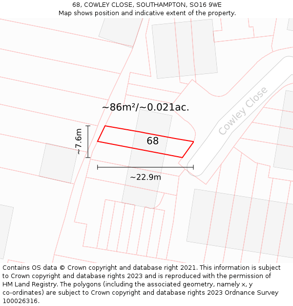 68, COWLEY CLOSE, SOUTHAMPTON, SO16 9WE: Plot and title map
