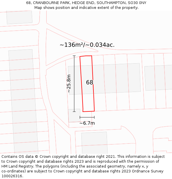 68, CRANBOURNE PARK, HEDGE END, SOUTHAMPTON, SO30 0NY: Plot and title map