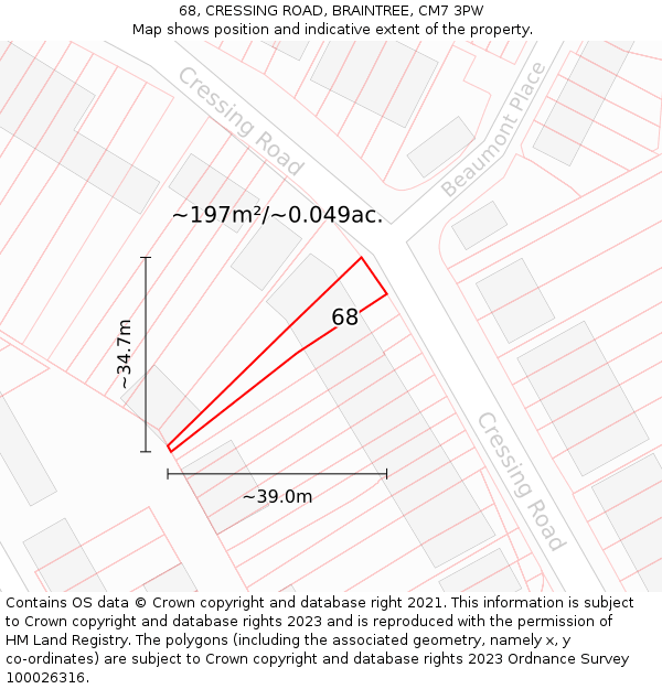 68, CRESSING ROAD, BRAINTREE, CM7 3PW: Plot and title map