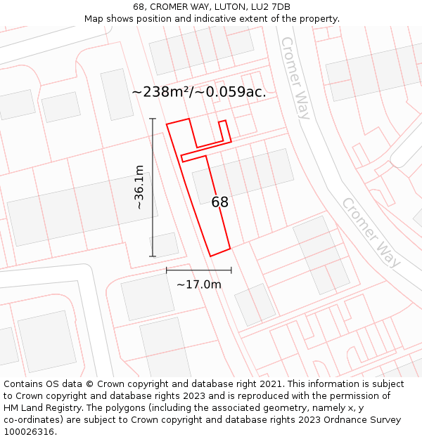 68, CROMER WAY, LUTON, LU2 7DB: Plot and title map