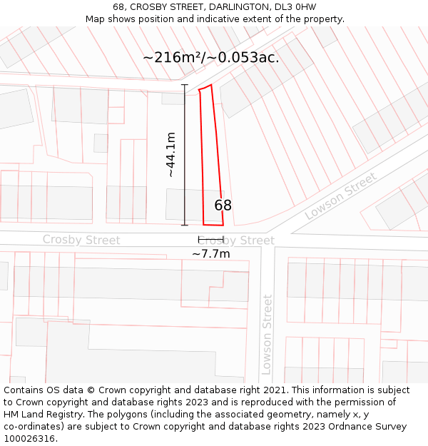 68, CROSBY STREET, DARLINGTON, DL3 0HW: Plot and title map