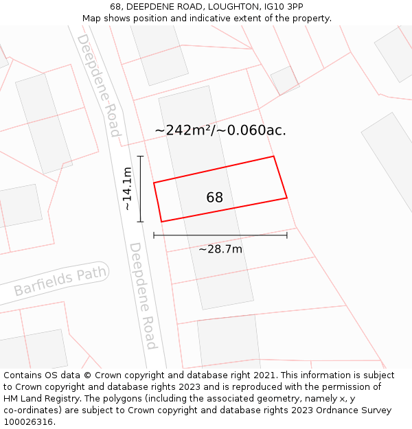 68, DEEPDENE ROAD, LOUGHTON, IG10 3PP: Plot and title map