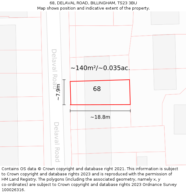 68, DELAVAL ROAD, BILLINGHAM, TS23 3BU: Plot and title map