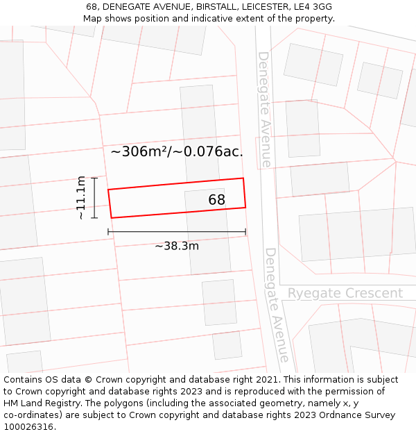 68, DENEGATE AVENUE, BIRSTALL, LEICESTER, LE4 3GG: Plot and title map