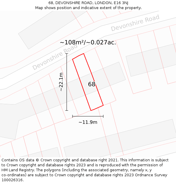 68, DEVONSHIRE ROAD, LONDON, E16 3NJ: Plot and title map
