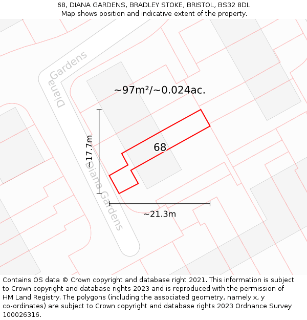 68, DIANA GARDENS, BRADLEY STOKE, BRISTOL, BS32 8DL: Plot and title map