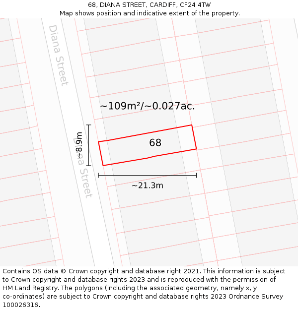 68, DIANA STREET, CARDIFF, CF24 4TW: Plot and title map