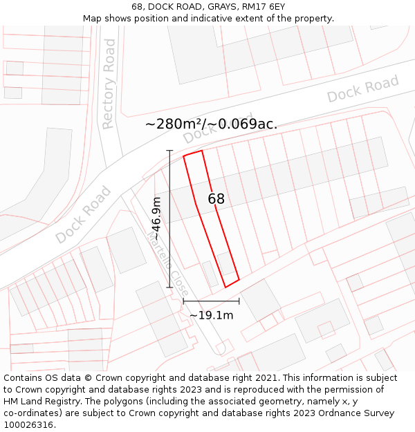 68, DOCK ROAD, GRAYS, RM17 6EY: Plot and title map