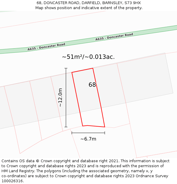 68, DONCASTER ROAD, DARFIELD, BARNSLEY, S73 9HX: Plot and title map
