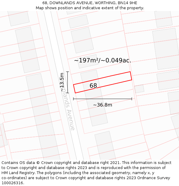 68, DOWNLANDS AVENUE, WORTHING, BN14 9HE: Plot and title map
