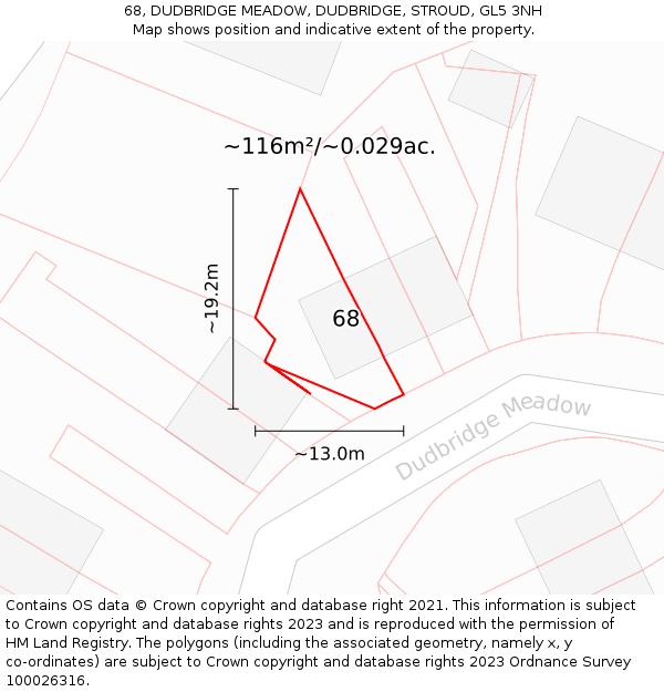 68, DUDBRIDGE MEADOW, DUDBRIDGE, STROUD, GL5 3NH: Plot and title map
