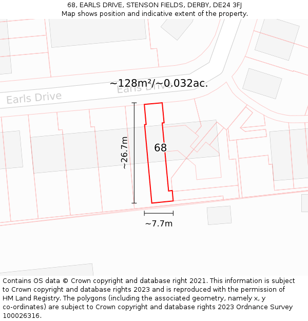 68, EARLS DRIVE, STENSON FIELDS, DERBY, DE24 3FJ: Plot and title map