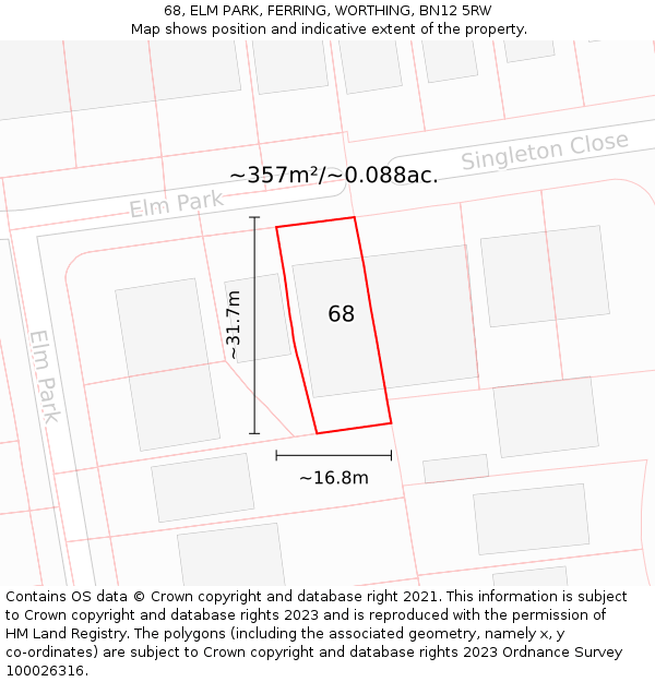 68, ELM PARK, FERRING, WORTHING, BN12 5RW: Plot and title map