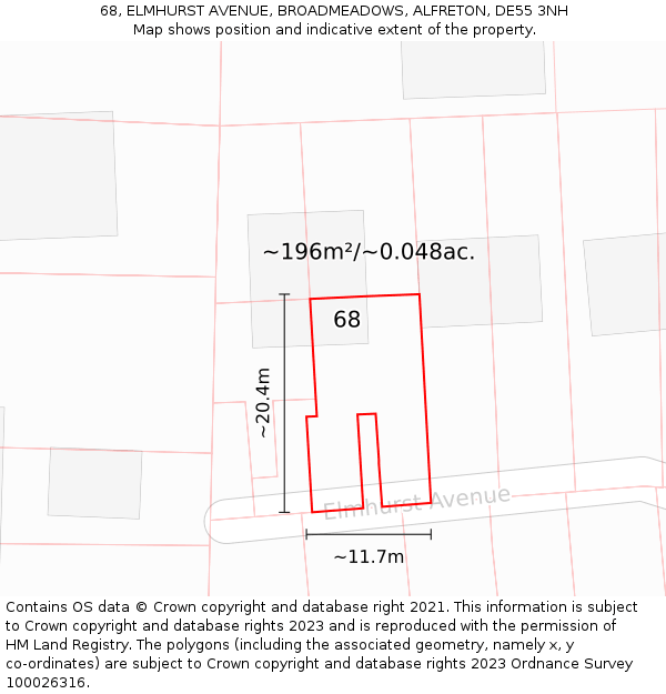 68, ELMHURST AVENUE, BROADMEADOWS, ALFRETON, DE55 3NH: Plot and title map