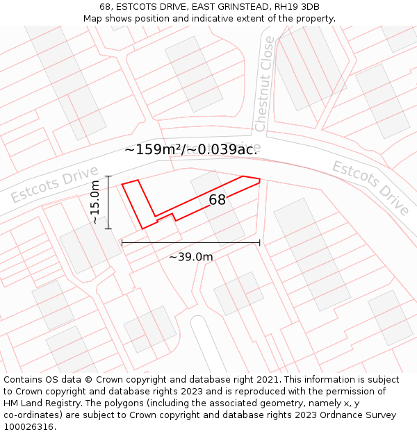 68, ESTCOTS DRIVE, EAST GRINSTEAD, RH19 3DB: Plot and title map