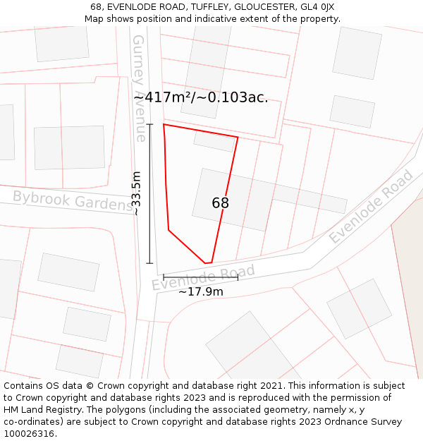 68, EVENLODE ROAD, TUFFLEY, GLOUCESTER, GL4 0JX: Plot and title map
