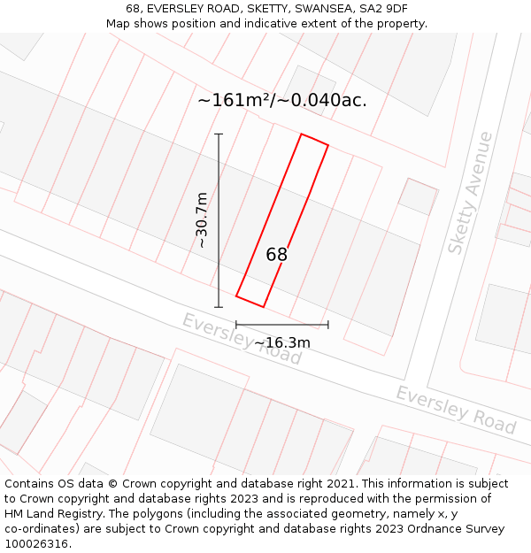 68, EVERSLEY ROAD, SKETTY, SWANSEA, SA2 9DF: Plot and title map
