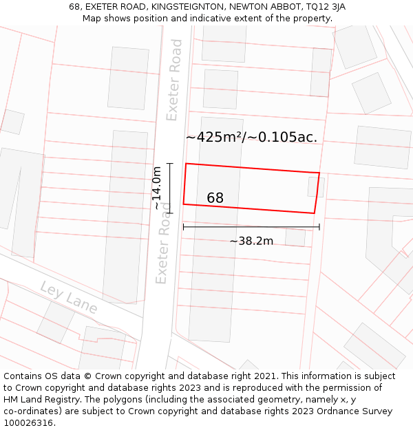 68, EXETER ROAD, KINGSTEIGNTON, NEWTON ABBOT, TQ12 3JA: Plot and title map