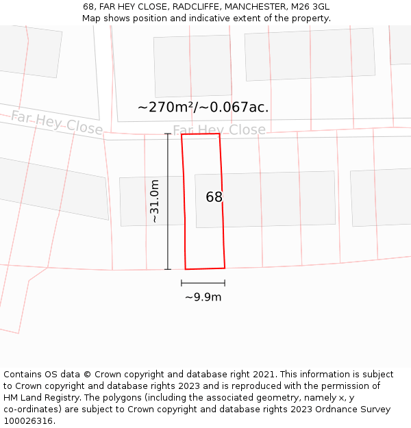 68, FAR HEY CLOSE, RADCLIFFE, MANCHESTER, M26 3GL: Plot and title map