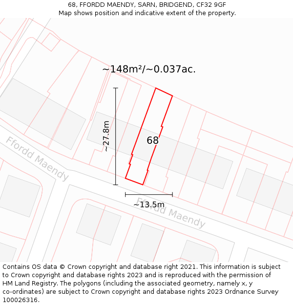 68, FFORDD MAENDY, SARN, BRIDGEND, CF32 9GF: Plot and title map