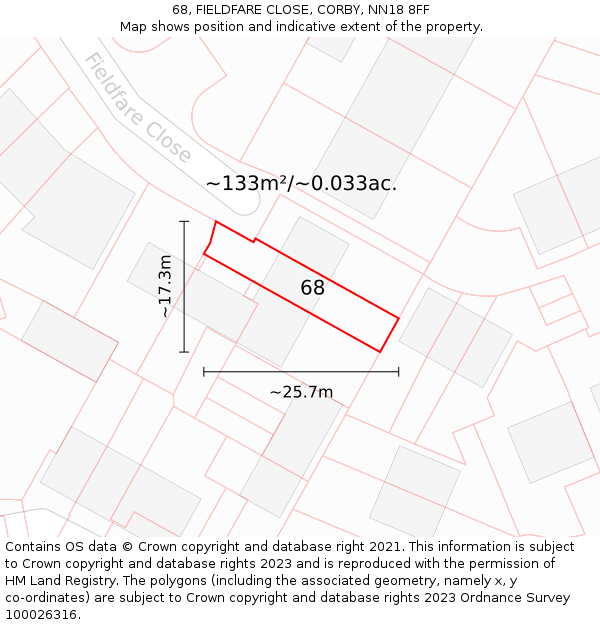 68, FIELDFARE CLOSE, CORBY, NN18 8FF: Plot and title map