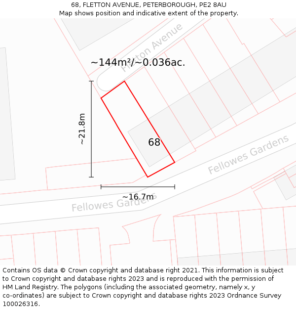 68, FLETTON AVENUE, PETERBOROUGH, PE2 8AU: Plot and title map