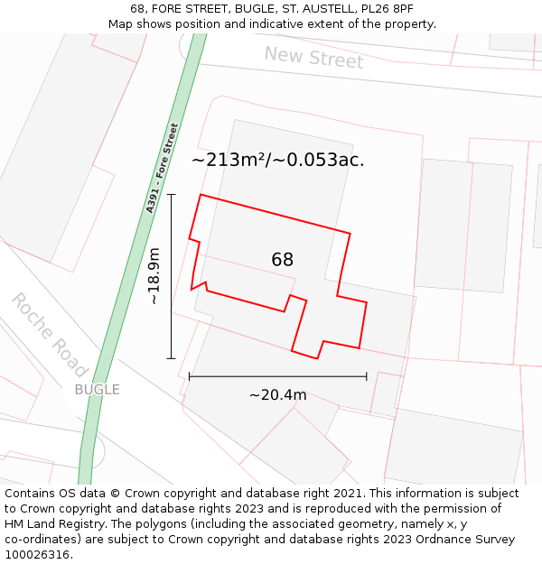 68, FORE STREET, BUGLE, ST. AUSTELL, PL26 8PF: Plot and title map