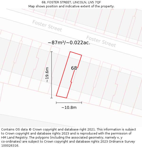 68, FOSTER STREET, LINCOLN, LN5 7QF: Plot and title map