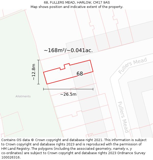 68, FULLERS MEAD, HARLOW, CM17 9AS: Plot and title map