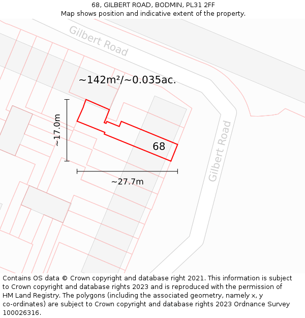 68, GILBERT ROAD, BODMIN, PL31 2FF: Plot and title map