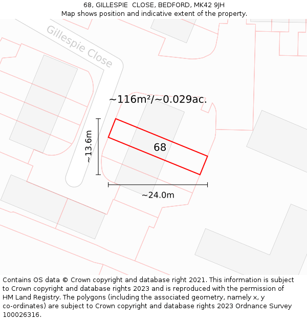 68, GILLESPIE  CLOSE, BEDFORD, MK42 9JH: Plot and title map