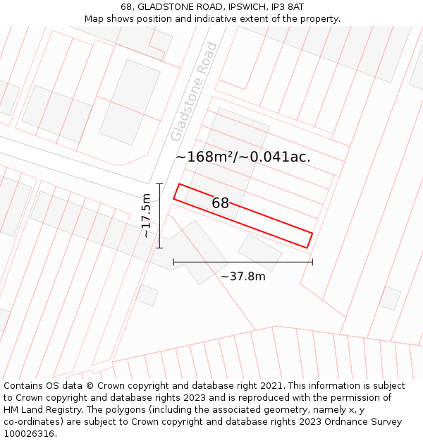68, GLADSTONE ROAD, IPSWICH, IP3 8AT: Plot and title map