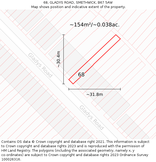 68, GLADYS ROAD, SMETHWICK, B67 5AW: Plot and title map
