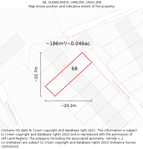 68, GLEBELANDS, HARLOW, CM20 2PB: Plot and title map