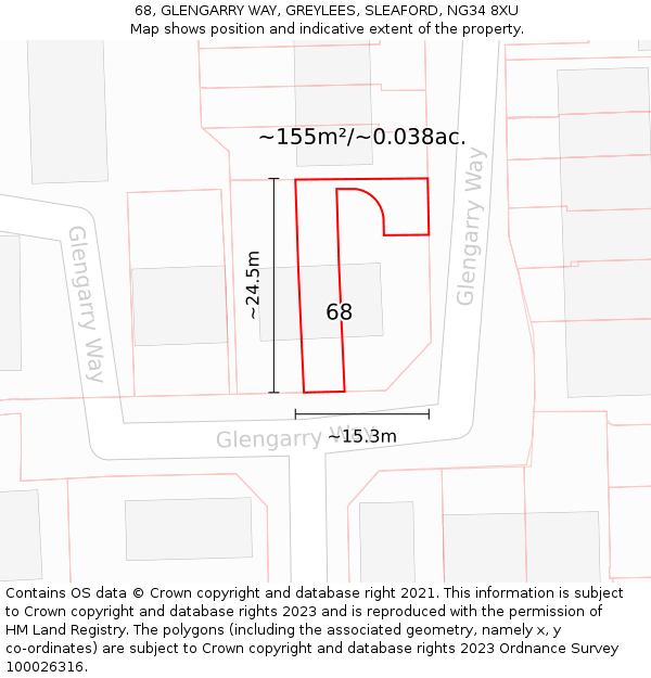 68, GLENGARRY WAY, GREYLEES, SLEAFORD, NG34 8XU: Plot and title map