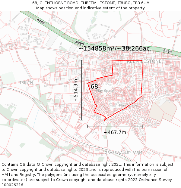 68, GLENTHORNE ROAD, THREEMILESTONE, TRURO, TR3 6UA: Plot and title map