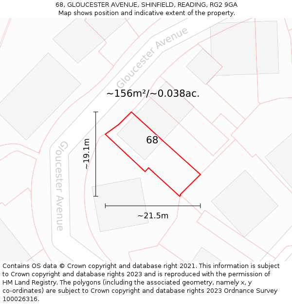 68, GLOUCESTER AVENUE, SHINFIELD, READING, RG2 9GA: Plot and title map