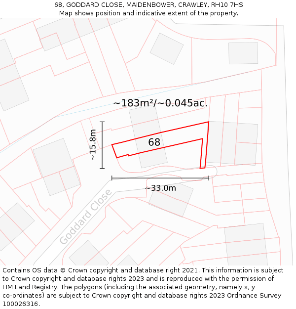 68, GODDARD CLOSE, MAIDENBOWER, CRAWLEY, RH10 7HS: Plot and title map